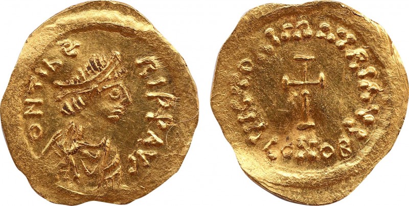 MAURICE TIBERIUS (582-602). GOLD Tremissis. Constantinople.
Obv: D N TIЬЄRI P P ...