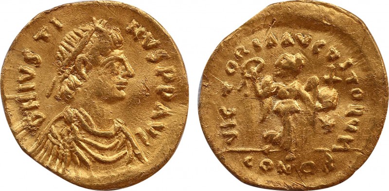 JUSTIN II (565-578). GOLD Tremissis. Constantinople.
Obv: D N IVSTINVS P P AVG.
...