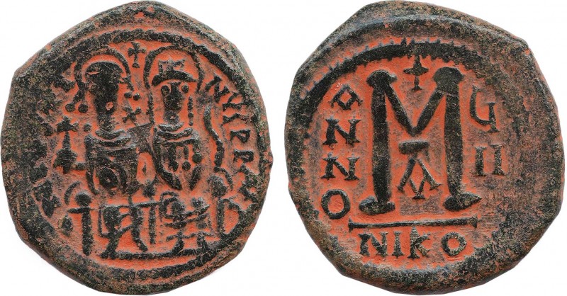 Justin II (565-578). Æ 40 Nummi. Nicomedia, year 7 (572/3). Obv: Justin and Soph...