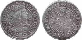 HOLY ROMAN EMPIRE. Ferdinand Karl (1646-1662). 3 Kreuzer (1661). Hall.
Obv: FERDIN CAROL D G ARCHID AV.
Helmeted and armored bust right.
Rev: COM TYRO...