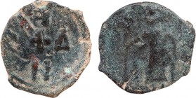 CRUSADERS. Edessa. Baldwin II (Second reign, 1108-1118). Follis.
Obv: Baldwin standing left, wearing conical helmet and chain-armor, holding globus cr...