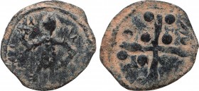 CRUSADERS. Edessa. Baldwin II (Second reign, 1108-1118). Follis.
Obv: Baldwin standing left, wearing conical helmet and chain-armor, holding globus cr...