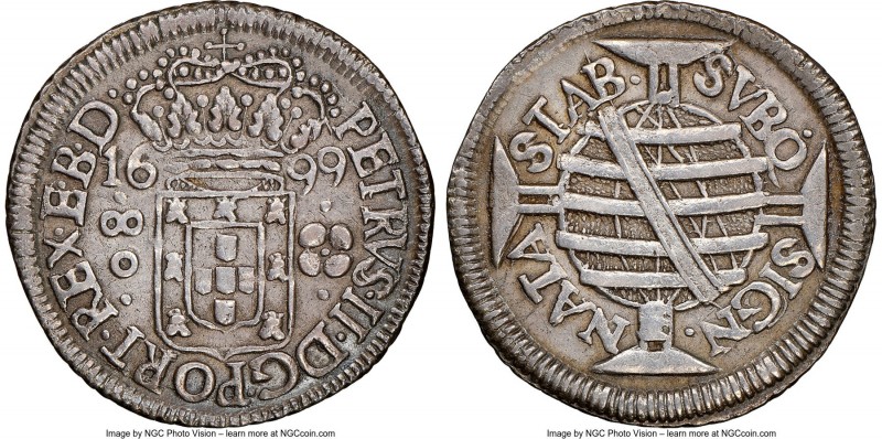 Pedro II 80 Reis 1699-(R) AU55 NGC, Rio de Janeiro mint, KM87.1, LMB-131. A fine...