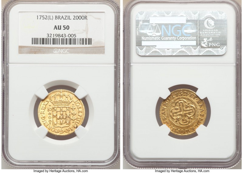 Jose I gold 2000 Reis 1752-(L) AU50 NGC, Lisbon mint, KM182.1, LMB-302. A bold e...