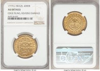 Jose I gold 4000 Reis 1777-(L) AU Details (Edge Filing, Reverse Damage) NGC, Lisbon mint, KM171.4, LMB-337. Boldly struck and well-centered. AGW 0.237...