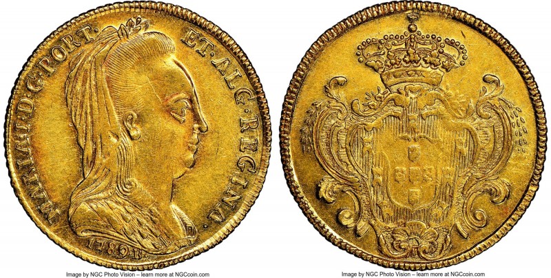 Maria I gold 6400 Reis 1789-B AU58 NGC, Bahia mint, KM218.2, LMB-506. A nearly u...