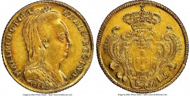 Maria I gold 6400 Reis 1789-B AU58 NGC, Bahia mint, KM218.2, LMB-506. A nearly uncirculated specimen displaying ample golden luster over surfaces and ...
