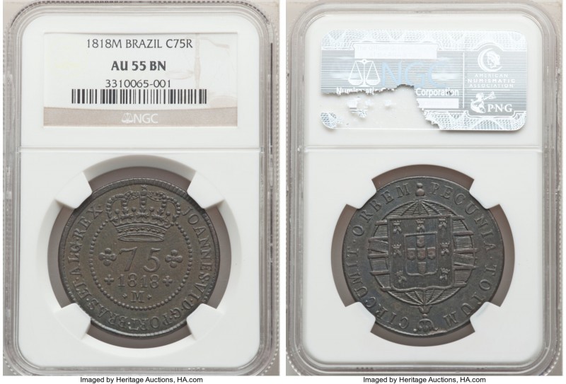 João VI 75 Reis 1818-M AU55 Brown NGC, Minas Gerais mint, KM320, LMB-555. Deeply...