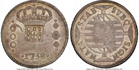 João Prince Regent Counterstamped 640 Reis ND (1809) AU50 NGC, KM300, LMB-234. C/S (AU Strong). Counterstamped with shield upon 600 Reis dated 1758-B ...