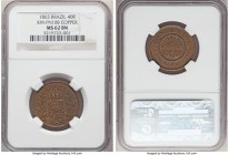 Pedro II copper Pattern 40 Reis 1863 MS62 Brown NGC, KM-PN108, LMB-E058. A fleeting pattern type, deeply toned, with hints of underlying luster embrac...
