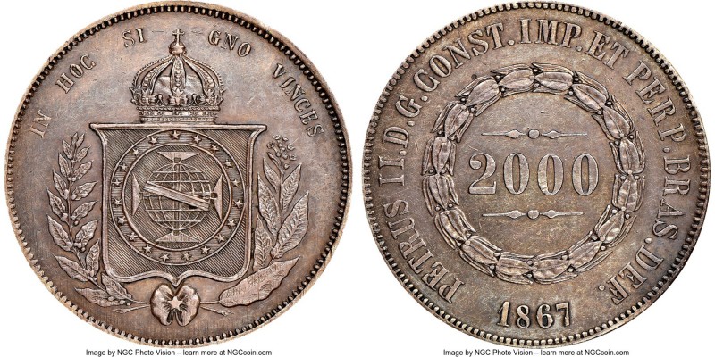 Pedro II 2000 Reis 1867 AU Details (Cleaned) NGC, Rio de Janeiro mint, KM466, LM...