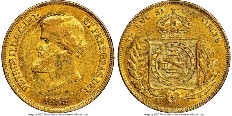 Pedro II gold 10000 Reis 1853 AU55 NGC, Rio de Janeiro mint, KM467, LMB-643. Sun...