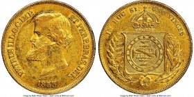 Pedro II gold 10000 Reis 1853 AU55 NGC, Rio de Janeiro mint, KM467, LMB-643. Sun-gold across the surfaces, with sparkling luster and only gentle rub t...