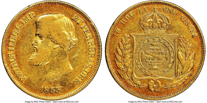 Pedro II gold 10000 Reis 1853 VF35 NGC, Rio de Janeiro mint, KM467, LMB-643. Min...