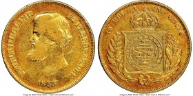 Pedro II gold 10000 Reis 1853 VF35 NGC, Rio de Janeiro mint, KM467, LMB-643. Mintage: 40,399. Graced with an appealing honey-brown tone. AGW 0.2643 oz...