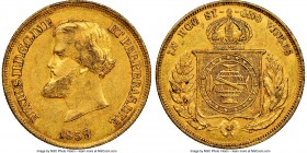 Pedro II gold 10000 Reis 1859 AU55 NGC, Rio de Janeiro mint, KM467, LMB-649. Mintage: 15,684. A glistening example that exhibits only slight circulati...