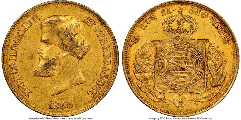 Pedro II gold 10000 Reis 1863 AU55 NGC, Rio de Janeiro mint, KM467, LMB-651. Bra...