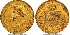 Pedro II gold 10000 Reis 1863 AU55 NGC, Rio de Janeiro mint, KM467, LMB-651. Brass-gold in color with scattered glints of luster and a slight darkenin...