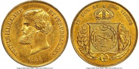 Pedro II gold 10000 Reis 1866 UNC Details (Cleaned) NGC, Rio de Janeiro mint, KM467, LMB-653. Displaying muted luster from a prior cleaning, though fu...