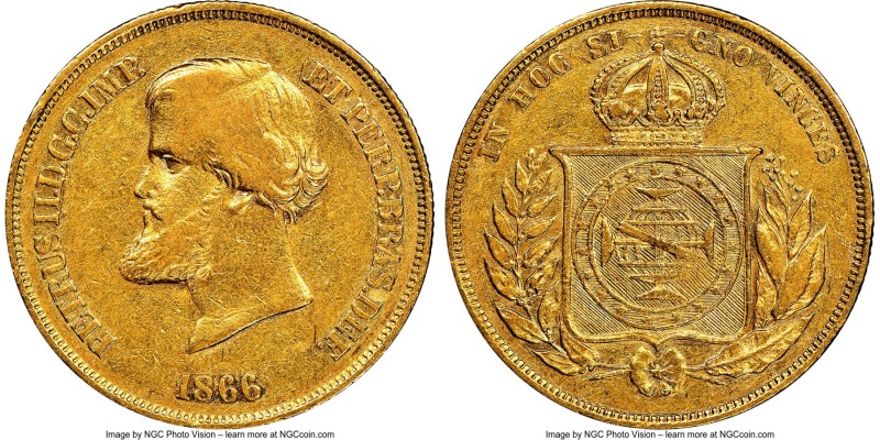 Pedro II gold 10000 Reis 1866 XF45 NGC, Rio de Janeiro mint, KM467, LMB-653. Mod...