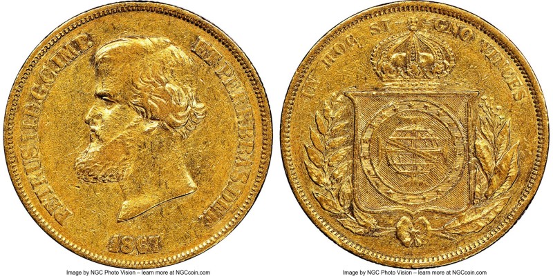 Pedro II gold 10000 Reis 1867 AU55 NGC, Rio de Janeiro mint, KM467, LMB-654. Dis...