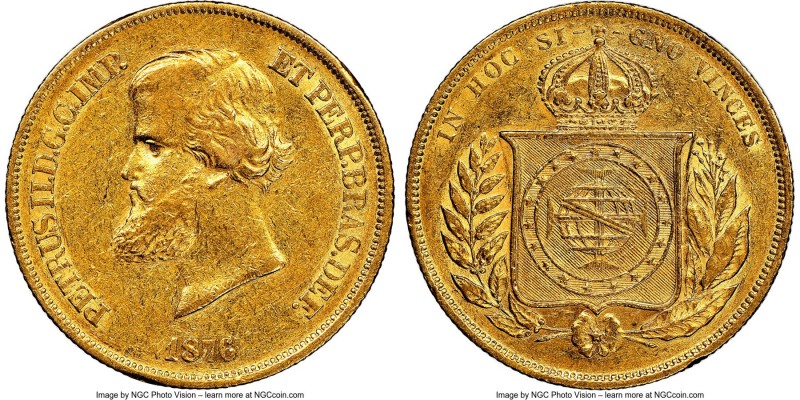 Pedro II gold 10000 Reis 1876 AU53 NGC, Rio de Janeiro mint, KM467, LMB-660. Exh...