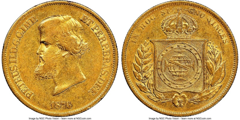 Pedro II gold 10000 Reis 1876 XF40 NGC, Rio de Janeiro mint, KM467, LMB-660. Fla...