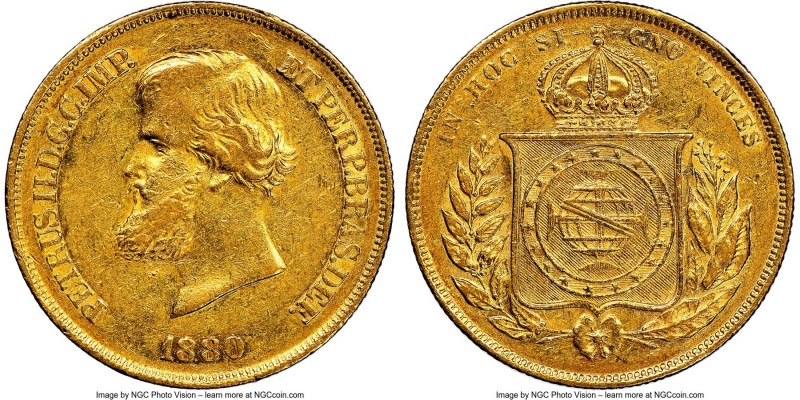 Pedro II gold 10000 Reis 1880 XF45 NGC, Rio de Janeiro mint, KM467, LMB-664. Lig...