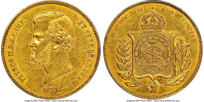 Pedro II gold 20000 Reis 1853 UNC Details (Obverse Rim Filed) NGC, Rio de Janeir...