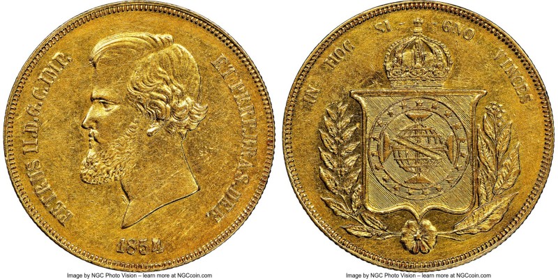 Pedro II gold 20000 Reis 1854 UNC Details (Cleaned) NGC, Rio de Janeiro mint, KM...