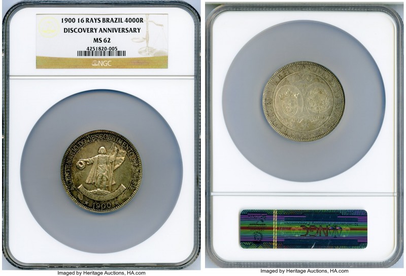 Republic "Discovery Anniversary" 4000 Reis 1900 MS62 NGC, KM502.1. Commemorating...