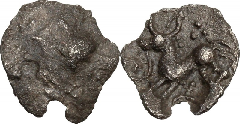 Celtic World. Vindelici. AR 1/4 Quinar, 'Stachelhaar' type, 1st cent BC. Head le...
