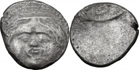 Greek Italy. Etruria, Populonia. AR 20-Asses, 3rd century BC. Facing head of Metus, tongue protruding, hair bound with diadem; [below, X X]. / pvplvna...