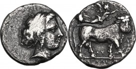 Greek Italy. Central and Southern Campania, Neapolis. AR Didrachm, 300-275 BC. Head of nymph right. / Man-headed bull walking right; above, Nike flyin...