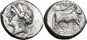 Greek Italy. Central and Southern Campania, Neapolis. AR Didrachm, 275-250 BC. Head of nymph left; behind, lyre. / Man-headed bull walking right; abov...