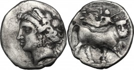 Greek Italy. Central and Southern Campania, Neapolis. AR Didrachm, c. 275-250 BC. Diademed head of nymph left; symbol to right. / Man-headed bull righ...