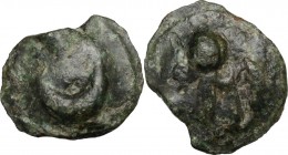 Greek Italy. Northern Apulia, Luceria. Light series. AE Cast Semuncia, c. 217-212 BC. Crescent. / Thyrsus with fillets; in field, L. HN Italy 677f; Ve...