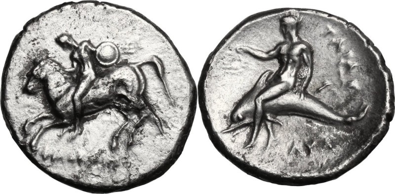 Greek Italy. Southern Apulia, Tarentum. AR Nomos, 302-280 BC. Horseman left, hol...