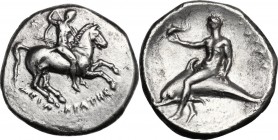 Greek Italy. Southern Apulia, Tarentum. AR Nomos, 280-272 BC. Horseman galloping right and spearing downwards. / Phalantos riding on dolphin left, hol...