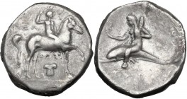 Greek Italy. Southern Apulia, Tarentum. AR Nomos, 281-272 BC. Horseman right, crowning himself; below, capital. / Phalanthos astride dolphin left, hol...
