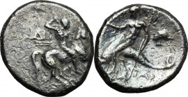 Greek Italy. Southern Apulia, Tarentum. AR Nomos, c. 272-240 BC. Nude warrior on horseback right, holding shield and two lances in left hand, spear in...