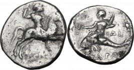 Greek Italy. Southern Apulia, Tarentum. AR Nomos, 272-240 BC. Hippoda- and Di-, magistrates. Warrior on horseback riding right, holding spear. / Phala...