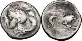 Greek Italy. Northern Lucania, Velia. AR Didrachm. Period VIII: Caduceus-Thunderbolt Group, c. 280 BC. Head of Athena left wearing Attic helmet decora...