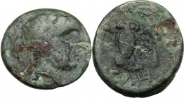 Greek Italy. Northern Lucania, Velia. AE 15 mm. 4th to 2nd cent. BC. Laureate head of Zeus right. / Owl facing, wings open; ethnic below. HN Italy 132...