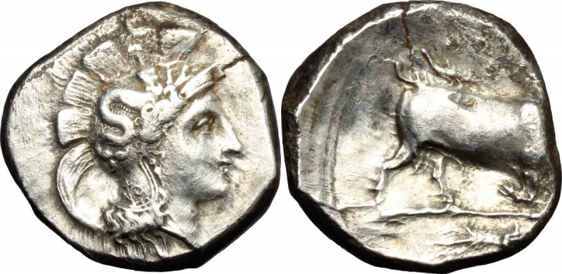 Greek Italy. Southern Lucania, Thurium. AR Stater, c. 300-280 BC. Head of Athena...