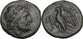 Greek Italy. Bruttium, The Brettii. AE Unit, 214-211 BC. Head of Zeus right, laureate. / Eagle standing left, wings open; before, cornucopiae; above, ...