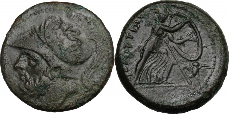 Greek Italy. Bruttium, The Brettii. AE Double unit, 211-208 BC. Head of Ares lef...