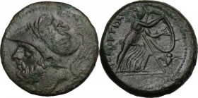 Greek Italy. Bruttium, The Brettii. AE Double unit, 211-208 BC. Head of Ares left, helmeted. / Athena moving right, holding large shield with both han...