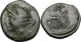 Greek Italy. Bruttium, The Brettii. AE Half unit, 211-208 BC. Head of Nike left, diademed. / Zeus in biga left; below horses, bunch of grapes. HN Ital...