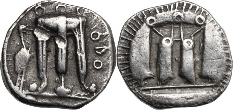 Greek Italy. Bruttium, Kroton. AR Stater, 480-430 BC. Tripod; to left, mash-bird...